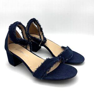 Ashley Stewart Blue Denim Fringe Block Heel Open Toe Sandals Buckle Strap Y2K 11